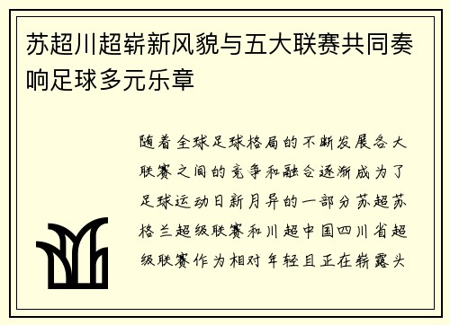 苏超川超崭新风貌与五大联赛共同奏响足球多元乐章
