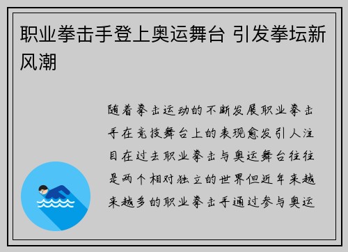 职业拳击手登上奥运舞台 引发拳坛新风潮